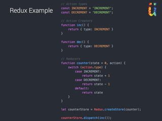 • Clean unidirectional flow
• Changes in one place
• State transitions:
– stateNew = stateOld + changes
• State can easily be debugged
Redux
 