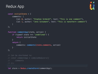 React App with Redux
HTML
(value)
Component
(this.props)
App
(store)
React/
render
onChange
Redux
stateToProps
Mapping
dispatch Action
+ Reducer
Component
(this.props)
React/
render
 