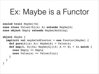 Ex: Maybe is a Functor
sealed trait Maybe[+A]!
case class Value[+A](a: A) extends Maybe[A]!
case object Empty extends Maybe[Nothing]!
!

object Maybe {!
implicit val maybeIsAFunctor = new Functor[Maybe] {!
def pure[A](a: A): Maybe[A] = Value(a)!
def map[A, B](fa: Maybe[A])(f: A => B) = fa match {!
case Empty => Empty!
case Value(a) => Value(f(a))!
}!
}!
}

 