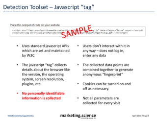 April 2016 / Page 5marketing.scienceconsulting group, inc.
linkedin.com/in/augustinefou
Detection Toolset – Javascript “tag”
• Uses standard javascript APIs
which are set and maintained
by W3C
• The javascript “tag” collects
details about the browser like
the version, the operating
system, screen resolution,
plugins, etc.
• No personally identifiable
information is collected
• Users don’t interact with it in
any way – does not log in,
enter any data
• The collected data points are
combined together to generate
anonymous “fingerprint”
• Cookies can be turned on and
off as necessary.
• Not all parameters are
collected for every visit
 