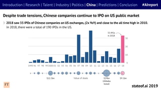 2018 saw 33 IPOs of Chinese companies on US exchanges, (2x YoY) and close to the all time high in 2010.
In 2018, there wer...