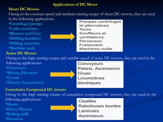 Applications of DC Motor
Shunt DC Motors
Owing to the constant speed and medium starting torque of shunt DC motors, they are used
in the following applications:
•Centrifugal pumps
•Lathe machines
•Blowers and Fans
•Drilling machines
•Milling machines
•Machine tools
Series DC Motors
Owing to the high starting torque and variable speed of series DC motors, they are used in the
following applications:
•Conveyors
•Hoists, Elevators
•Cranes
•Electric Locomotives
Cumulative Compound DC motors
Owing to the high starting torque of cumulative compound DC motors, they are used in the
following applications:
•Shears
•Heavy Planers
•Rolling mills
•Elevators
 