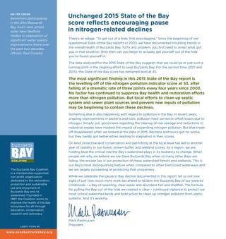 www.savebuzzardsbay.org
The Buzzards Bay Coalition
is a membership-supported
non profit organization
dedicated to the restoration,
protection and sustainable
use and enjoyment of
Buzzards Bay and its
watershed. Founded in
1987, the Coalition works to
improve the health of the Bay
ecosystem for all through
education, conservation,
research and advocacy.
There’s an adage, “To get out of a hole, first stop digging.” Since the beginning of our
quadrennial State of the Bay reports in 2003, we have documented troubling trends in
the overall health of Buzzards Bay. To fix any problem, you first need to arrest what got
you in that situation. Only then can you begin to actually get yourself out of the hole
you’ve found yourself in.
The data analyzed for the 2015 State of the Bay suggests that we could be at just such a
turning point in the ongoing effort to save Buzzards Bay. For the second time (2011 and
2015), the State of the Bay score has remained level at 45.
The most significant finding in this 2015 State of the Bay report is
the levelling off of the nitrogen pollution indicator score at 53, after
falling at a dramatic rate of three points every four years since 2003.
No factor has continued to suppress Bay health and restoration efforts
more than nitrogen pollution. But local efforts to clean up septic
system and sewer plant sources and prevent new inputs of pollution
may be beginning to contain these declines.
Something else is also happening with regard to pollution in the Bay. In recent years,
ongoing improvements in bacteria and toxic pollution have served to offset losses due to
nitrogen. Simply put, good news regarding the cleanup of raw sewage and reductions in
industrial wastes have masked the impact of expanding nitrogen pollution. But that trade-
off disappeared when we looked at the data in 2015. Bacteria and toxics got no worse,
but they hardly got better either, leading to stagnation in their scores.
On land, proactive land conservation and permitting at the local level has led to another
year of stability in our forest, stream buffer, and wetland scores. As a region, we are
holding level the critical role the Bay’s watershed plays in its resiliency to change. When
people ask why we believe we can Save Buzzards Bay when so many other Bays are
failing, the answer lies in our protection of these watershed forests and wetlands. This is
our Bay’s most distinguishing feature when compared to other East Coast waterways and
we are largely succeeding at protecting that uniqueness.
While we celebrate the pause in Bay decline documented in this report, let us not lose
sight of just how much more work lies ahead to reclaim the Buzzards Bay of our parents’
childhoods – a Bay of sparkling, clear water and abundant fish and shellfish. The formula
for pulling the Bay out of the hole we created is clear – continued vigilance to protect our
most critical watershed lands and bold action to clean up nitrogen pollution from septic
systems. And it’s working.
Mark Rasmussen
PresidentLearn more at:
ON THE COVER
Swimmers participating
in the 23rd Buzzards
Bay Swim race across
outer New Bedford
Harbor in celebration of
significant water quality
improvements there over
the past two decades.
(Photo: Paul Curado)
Unchanged 2015 State of the Bay
score reflects encouraging pause
in nitrogen-related declines
 