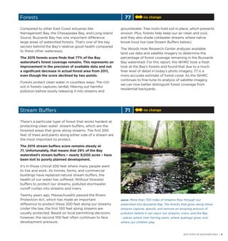 Forests 77 no change
Compared to other East Coast estuaries like
Narragansett Bay, the Chesapeake Bay, and Long Island
Sound, Buzzards Bay has one important difference:
large areas of watershed forests. That’s one of the key
secrets behind the Bay’s relative good health compared
to these other waterways.
The 2015 forests score finds that 77% of the Bay
watershed’s forest coverage remains. This represents an
improvement in the precision of available data and not
a significant decrease in actual forest area from 2011,
even though the score declined by two points.
Forests protect clean water in countless ways. The rich
soil in forests captures rainfall, filtering out harmful
pollution before slowly releasing it into streams and
groundwater. Tree roots hold soil in place, which prevents
erosion. Plus, forests help keep our air clean and cool,
and they also shade coldwater streams where native
brook trout live (see Stream Buffers below).
The Woods Hole Research Center analyzes available
land use data and satellite imagery to determine the
percentage of forest coverage remaining in the Buzzards
Bay watershed. For this report, the WHRC took a fresh
look at the Bay’s forests and found that due to a much
finer level of detail in today’s photo imagery, 77 is a
more accurate estimate of forest cover. As the WHRC
continues to fine-tune its analysis of satellite imagery,
we can now better distinguish forest coverage from
residential backyards.
Stream Buffers 71 no change
There’s a particular type of forest that works hardest at
protecting clean water: stream buffers, which are the
forested areas that grow along streams. The first 200
feet of trees and plants along either side of a stream are
the most important to protect.
The 2015 stream buffers score remains steady at
71. Unfortunately, that means that 29% of the Bay
watershed’s stream buffers – nearly 9,000 acres – have
been lost to poorly planned development.
It’s in those critical 200 feet where many people want
to live and work. As homes, farms, and commercial
buildings have replaced natural stream buffers, the
health of our water has suffered. Without forested
buffers to protect our streams, polluted stormwater
runoff rushes into streams and rivers.
Twenty years ago, Massachusetts passed the Rivers
Protection Act, which has made an important
difference to protect these 200 feet along our streams.
Under the law, the first 100 feet along streams are
usually protected. Based on local permitting decisions
however, the second 100 feet often continues to face
development pressure.
ABOVE More than 700 miles of streams flow through our
watershed into Buzzards Bay. The forests that grow along these
streams capture, absorb, and remove an amazing amount of
pollution before it can reach our streams, rivers, and the Bay
– places where river herring swim, where quahogs grow, and
where our children play.
2015 STATE OF BUZZARDS BAY | 9
 
