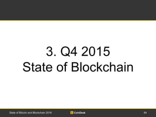 84State of Bitcoin and Blockchain 2016
3. Q4 2015
State of Blockchain
 