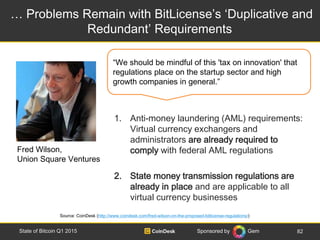 Sponsored by Gem
… Problems Remain with BitLicense’s ‘Duplicative and
Redundant’ Requirements
82State of Bitcoin Q1 2015
1...