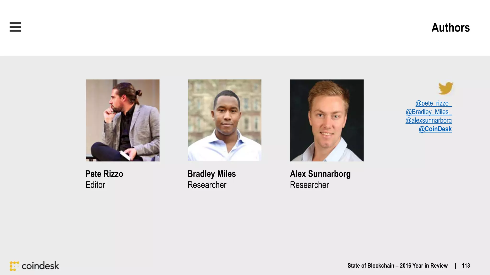 Authors
State of Blockchain – 2016 Year in Review | 113
Pete Rizzo
Editor
Bradley Miles
Researcher
Alex Sunnarborg
Researcher
@pete_rizzo_
@Bradley_Miles_
@alexsunnarborg
@CoinDesk
 