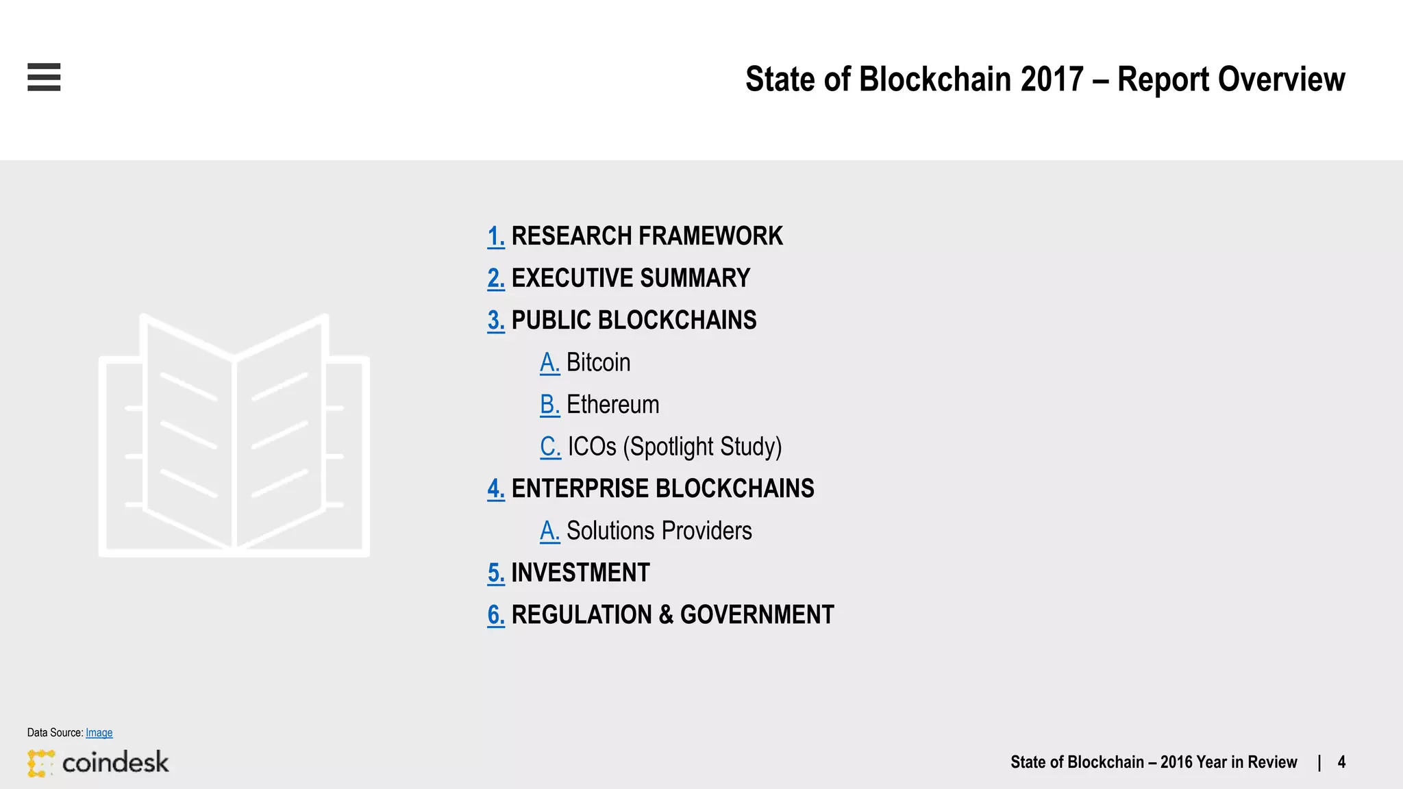 State of Blockchain 2017 – Report Overview
1. RESEARCH FRAMEWORK
2. EXECUTIVE SUMMARY
3. PUBLIC BLOCKCHAINS
A. Bitcoin
B. Ethereum
C. ICOs (Spotlight Study)
4. ENTERPRISE BLOCKCHAINS
A. Solutions Providers
5. INVESTMENT
6. REGULATION & GOVERNMENT
State of Blockchain – 2016 Year in Review | 4
Data Source: Image
 