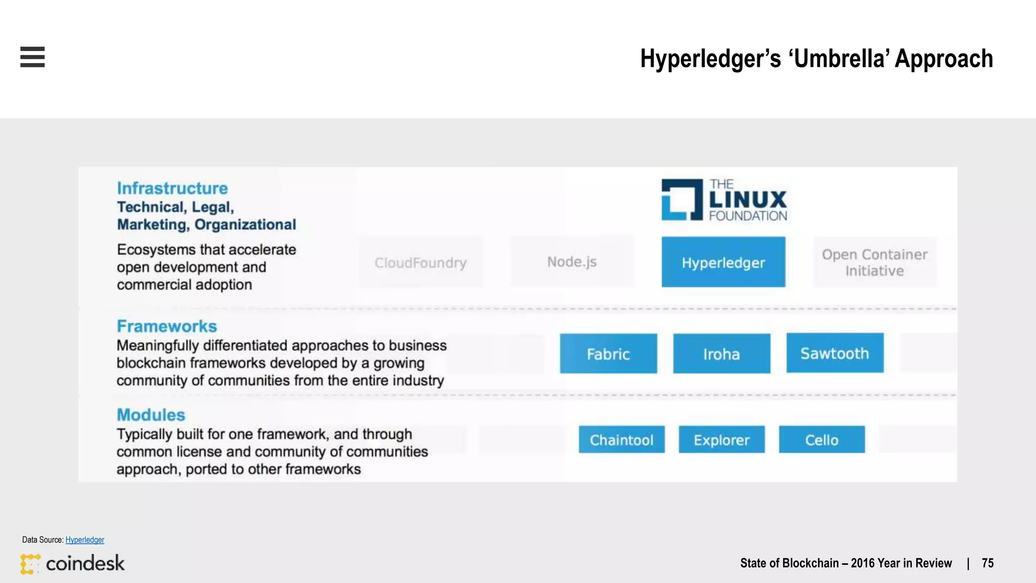 Hyperledger’s ‘Umbrella’ Approach
State of Blockchain – 2016 Year in Review | 75
Data Source: Hyperledger
 