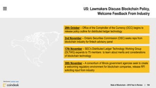 US: Lawmakers Discuss Blockchain Policy,
Welcome Feedback From Industry
State of Blockchain – 2016 Year in Review | 104
28...
