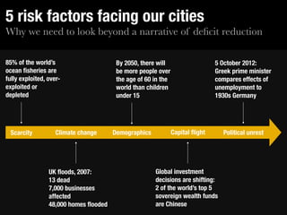 5 risk factors facing our cities
Why we need to look beyond a narrative of deﬁcit reduction

85% of the world’s                      By 2050, there will                    5 October 2012:
ocean ﬁsheries are                      be more people over                    Greek prime minister
fully exploited, over-                  the age of 60 in the                   compares effects of
exploited or                            world than children                    unemployment to
depleted                                under 15                               1930s Germany




 Scarcity           Climate change     Demographics            Capital ﬂight     Political unrest




                 UK ﬂoods, 2007:                      Global investment
                 13 dead                              decisions are shifting:
                 7,000 businesses                     2 of the world’s top 5
                 affected                             sovereign wealth funds
                 48,000 homes ﬂooded                  are Chinese
 