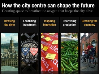 How the city centre can shape the future
Creating space to breathe: the oxygen that keeps the city alive

 Reviving      Localising    Inspiring    Prioritising   Greening the
 the civic    investment    innovation    production       economy
 