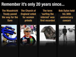 Remember it’s only 20 years since...
The Maastricht    The Church of      The term     Bob Dylan held
 Treaty paved     England voted    ‘surﬁng the       his 30th
the way for the    for women      internet’ was    anniversary
     Euro            priests      ﬁrst recorded      concert
 