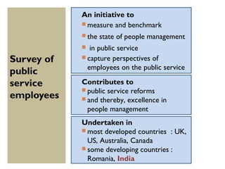 An initiative to
             measure and benchmark

             the   state of people management
              in public service
Survey of    capture perspectives of
              employees on the public service
public
service     Contributes to
             public service reforms
employees    and thereby, excellence in
              people management
            Undertaken in
             most developed countries : UK,
              US, Australia, Canada
             some developing countries :
              Romania, India
 