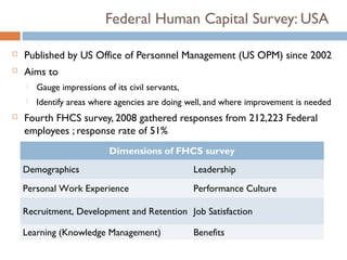 Federal Human Capital Survey: USA

   Published by US Office of Personnel Management (US OPM) since 2002
   Aims to
       Gauge impressions of its civil servants,
       Identify areas where agencies are doing well, and where improvement is needed
   Fourth FHCS survey, 2008 gathered responses from 212,223 Federal
    employees ; response rate of 51%
                            Dimensions of FHCS survey
    Demographics                                   Leadership
    Personal Work Experience                       Performance Culture

    Recruitment, Development and Retention Job Satisfaction

    Learning (Knowledge Management)                Benefits
 