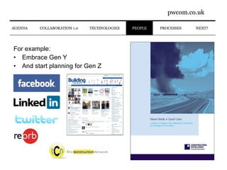 For example: Embrace Gen Y And start planning for Gen Z PROCESSES NEXT? AGENDA COLLABORATION 1.0 PEOPLE TECHNOLOGIES 