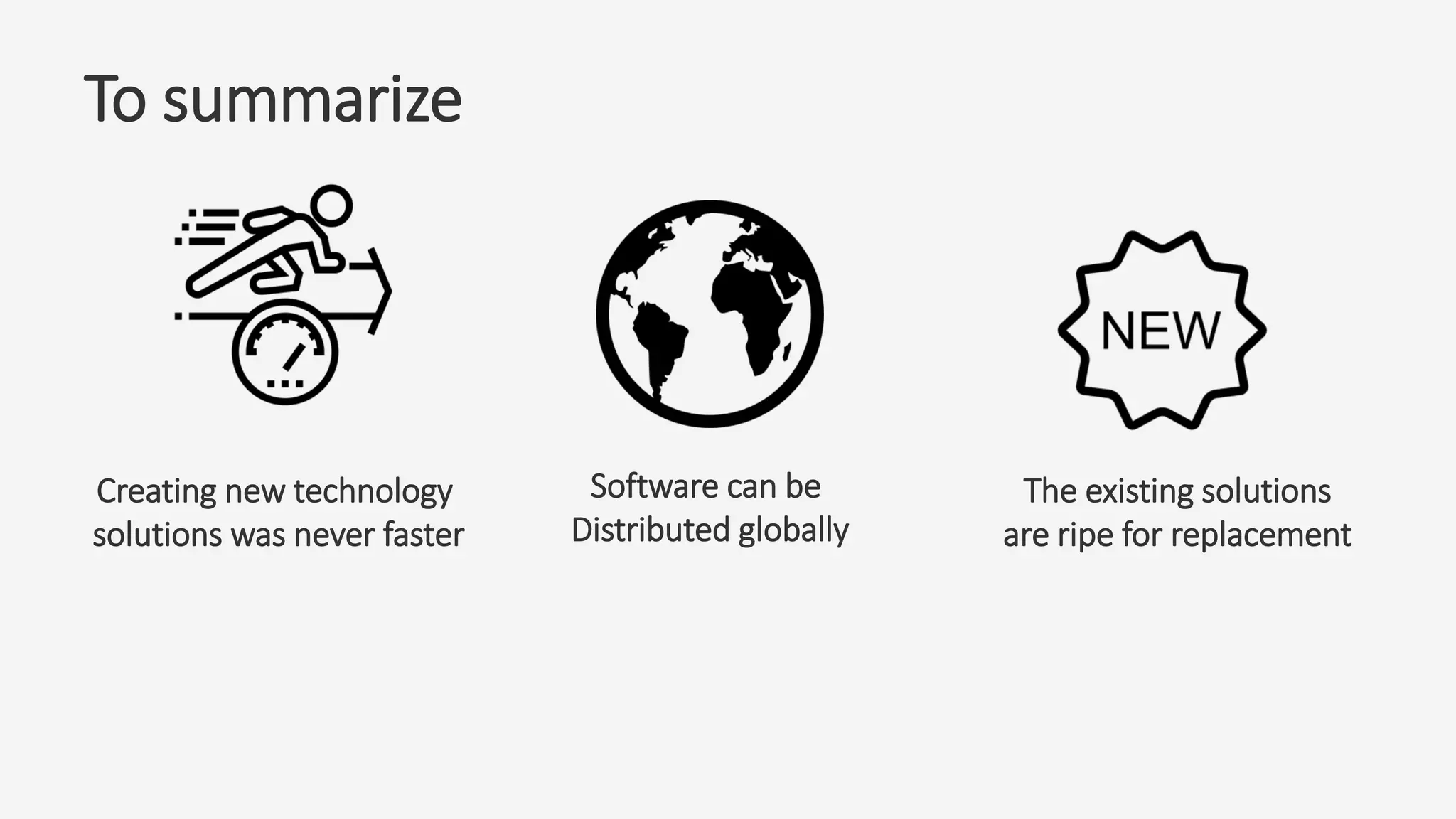 To summarize
The existing solutions
are ripe for replacement
Creating new technology
solutions was never faster
Software can be
Distributed globally
 