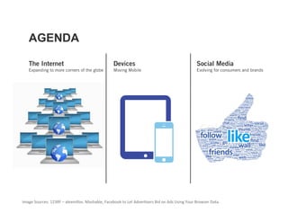 AGENDA

   The Internet                                   Devices                                       Social Media
   Expanding to more corners of the globe         Moving Mobile                                 Evolving for consumers and brands




Image Sources: 123RF – alexmillos. Mashable, Facebook to Let Adver3sers Bid on Ads Using Your Browser Data.    
 