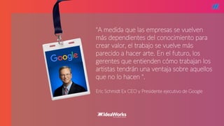 STARTUP X 5
"A medida que las empresas se vuelven
más dependientes del conocimiento para
crear valor, el trabajo se vuelve más
parecido a hacer arte. En el futuro, los
gerentes que entienden cómo trabajan los
artistas tendrán una ventaja sobre aquellos
que no lo hacen ".
Eric Schmidt Ex CEO y Presidente ejecutivo de Google
 