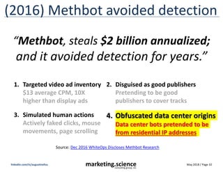 May 2018 / Page 10marketing.scienceconsulting group, inc.
linkedin.com/in/augustinefou
(2016) Methbot avoided detection
So...