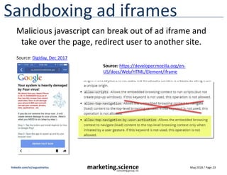 May 2018 / Page 23marketing.scienceconsulting group, inc.
linkedin.com/in/augustinefou
Sandboxing ad iframes
Malicious jav...