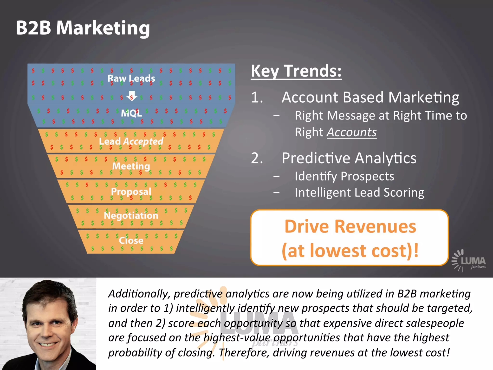 LUMApartners
Addi9onally, predic9ve analy9cs are now being u9lized in B2B marke9ng
in order to 1) intelligently iden9fy new prospects that should be targeted,
and then 2) score each opportunity so that expensive direct salespeople
are focused on the highest-value opportuni9es that have the highest
probability of closing. Therefore, driving revenues at the lowest cost!
 