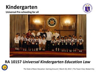 Kindergarten
Universal Pre-schooling for all




RA 10157 Universal Kindergarten Education Law
                The State o...