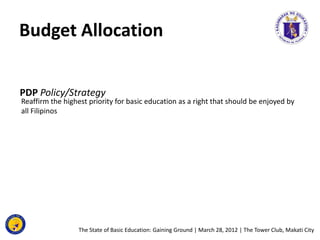 Budget Allocation


PDP Policy/Strategy
Reaffirm the highest priority for basic education as a right that should be enjoye...
