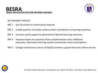BESRA SECTOR REFORM AGENDA
BASIC EDUCATION


KEY REFORM THRUSTS
KRT 1   Get all schools to continuously improve

KRT 2   E...