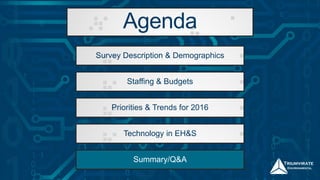 Agenda
Summary/Q&A
Survey Description & Demographics
Staffing & Budgets
Priorities & Trends for 2016
Technology in EH&S
 