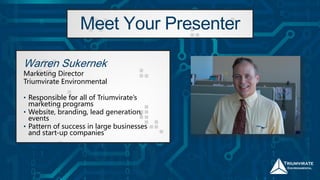 Meet Your Presenter
Warren Sukernek
Marketing Director
Triumvirate Environmental
• Responsible for all of Triumvirate’s
marketing programs
• Website, branding, lead generation,
events
• Pattern of success in large businesses
and start-up companies
 