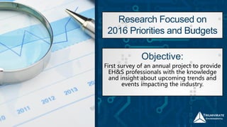 Research Focused on
2016 Priorities and Budgets
Objective:
First survey of an annual project to provide
EH&S professionals with the knowledge
and insight about upcoming trends and
events impacting the industry.
 