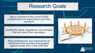 Research Goals
Take a snapshot of the current EH&S
professionals and organizations that they
represent
Identify the trends, regulations, and changes
that will impact their operations
Allow professionals and organizations to
benchmark their priorities and budgets
against similar firms in the EHS field
 