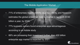 The Mobile Application Market
• 71% of enterprises regard mobility as a top priority, and Nasscom
estimates the global enterprise mobility market to be worth $140
billion a year, by 2020.
• 77% business owners found enterprise apps advantageous
according to an Adobe study
• 66% are increasing their investment further. Also 430 billion
enterprise app market is expected by 2021
 