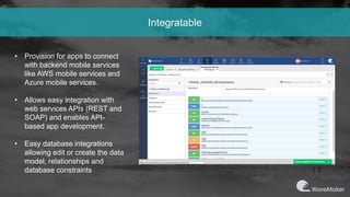 Integratable
• Provision for apps to connect
with backend mobile services
like AWS mobile services and
Azure mobile services.
• Allows easy integration with
web services APIs (REST and
SOAP) and enables API-
based app development.
• Easy database integrations
allowing edit or create the data
model, relationships and
database constraints
 