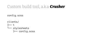 Custom build tool, a.k.a Crusher
config.scss
clients/
├── 1
└── stylesheets
├── config.scss
 
