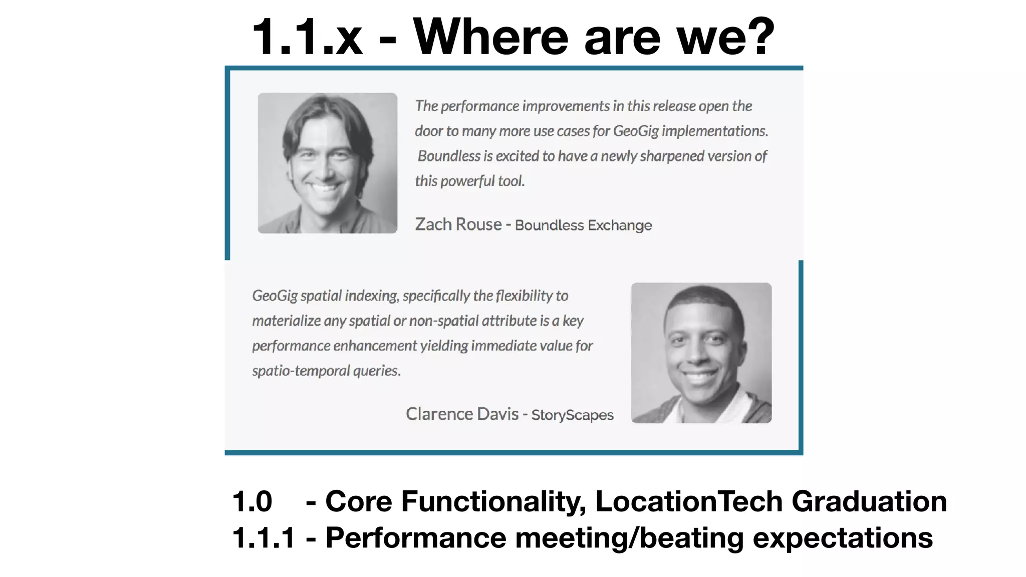 1.1.x - Where are we?
1.0 - Core Functionality, LocationTech Graduation
1.1.1 - Performance meeting/beating expectations
 