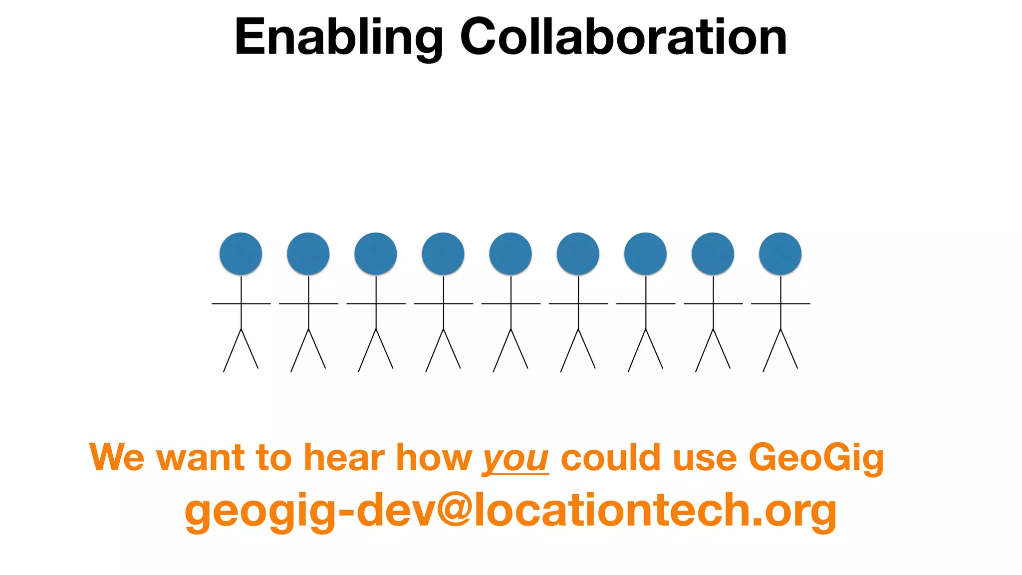 Enabling Collaboration
We want to hear how you could use GeoGig
geogig-dev@locationtech.org
 