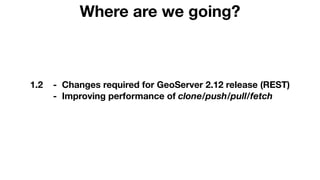 Where are we going?
1.2 - Changes required for GeoServer 2.12 release (REST)
- Improving performance of clone/push/pull/fetch
 