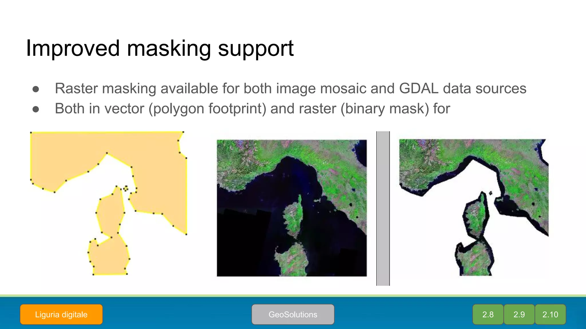 Improved masking support
● Raster masking available for both image mosaic and GDAL data sources
● Both in vector (polygon footprint) and raster (binary mask) for
2.8 2.9 2.10GeoSolutionsLiguria digitale
 