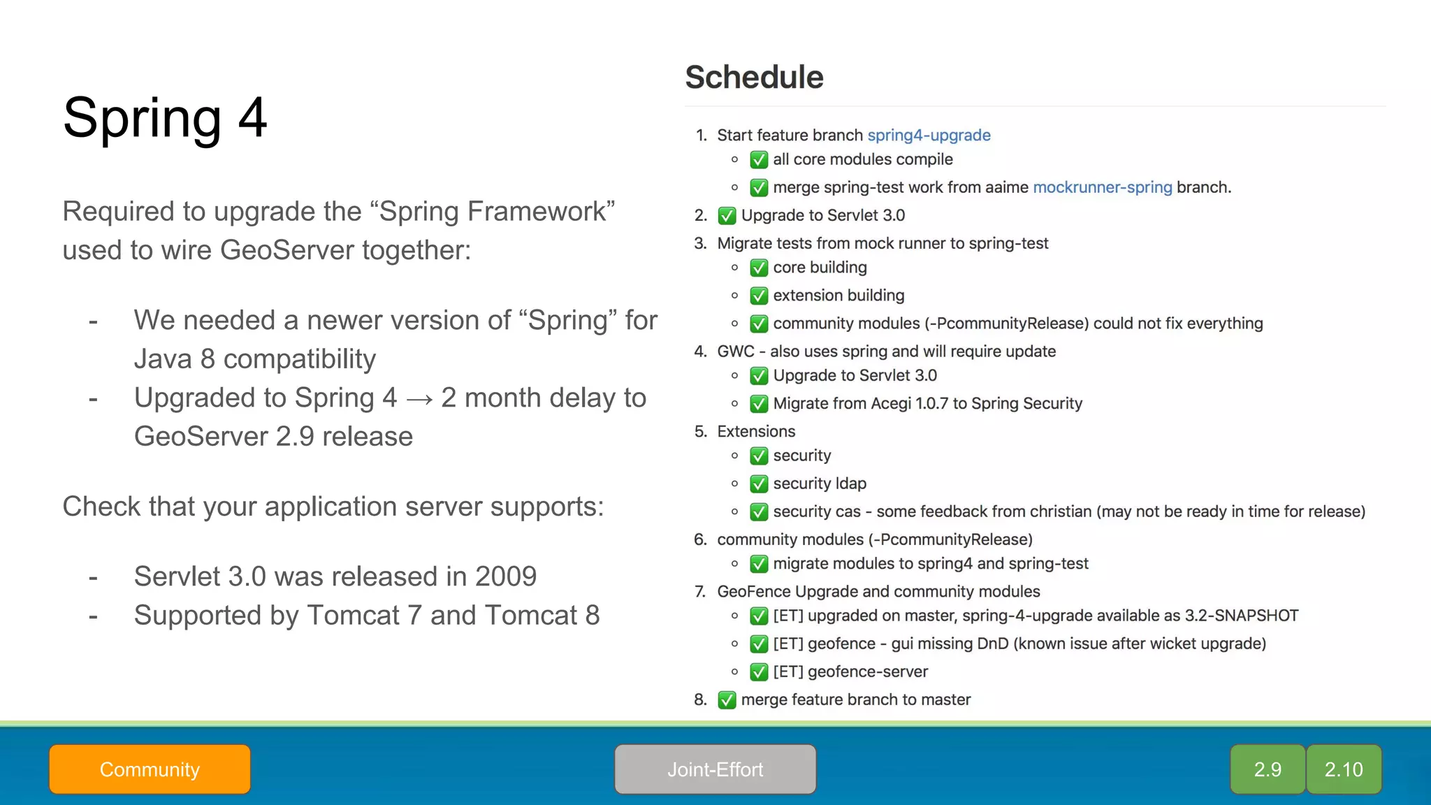 Required to upgrade the “Spring Framework”
used to wire GeoServer together:
- We needed a newer version of “Spring” for
Java 8 compatibility
- Upgraded to Spring 4 → 2 month delay to
GeoServer 2.9 release
Check that your application server supports:
- Servlet 3.0 was released in 2009
- Supported by Tomcat 7 and Tomcat 8
Spring 4
2.9 2.10Joint-EffortCommunity
 