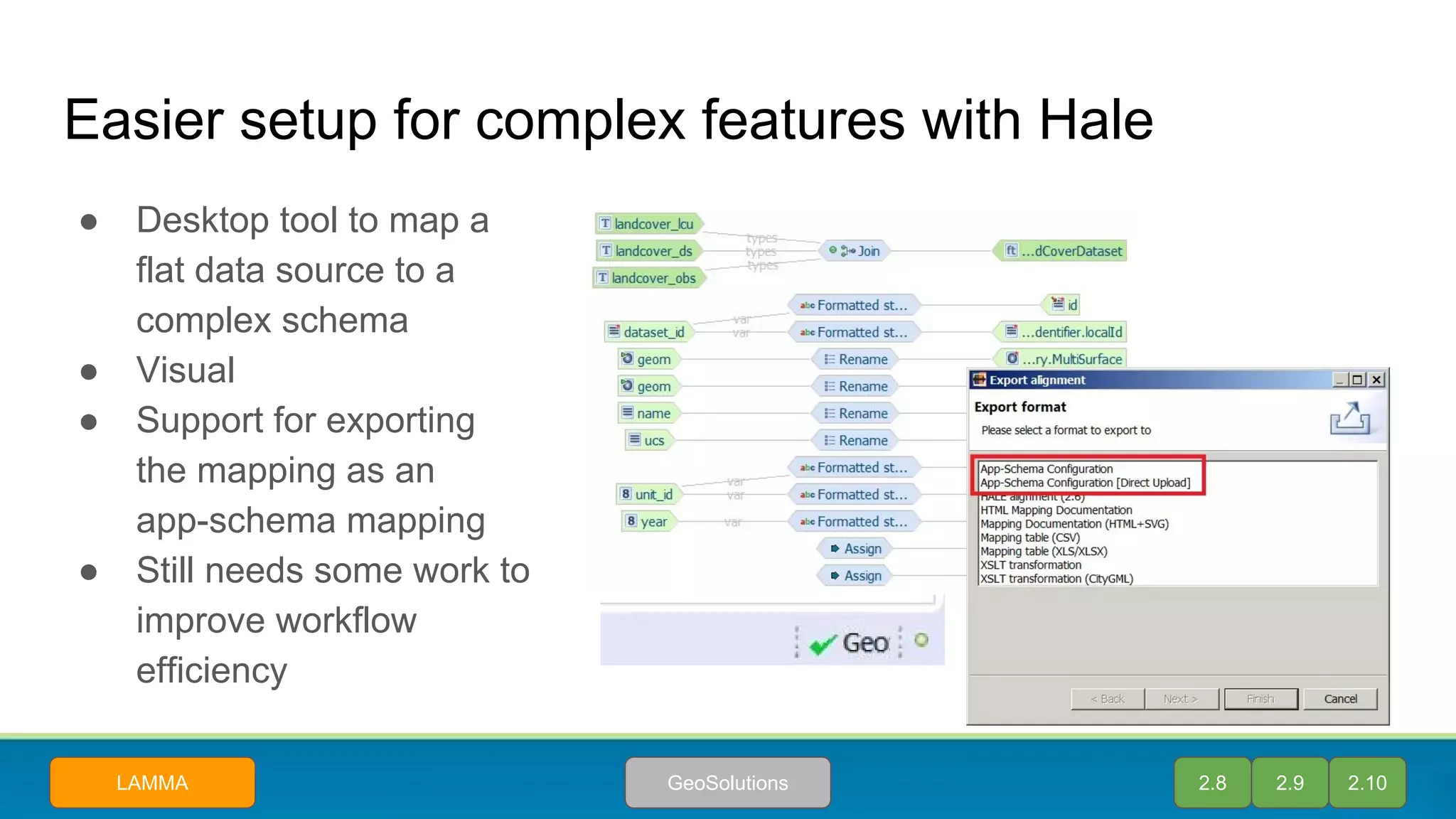 Easier setup for complex features with Hale
● Desktop tool to map a
flat data source to a
complex schema
● Visual
● Support for exporting
the mapping as an
app-schema mapping
● Still needs some work to
improve workflow
efficiency
2.8 2.9 2.10GeoSolutionsLAMMA
 