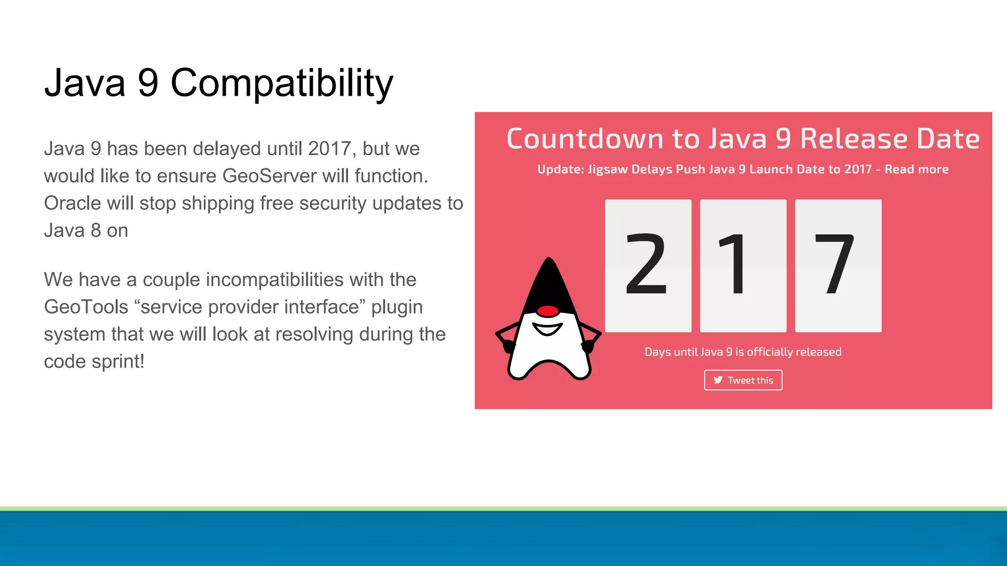 Java 9 Compatibility
Java 9 has been delayed until 2017, but we
would like to ensure GeoServer will function.
Oracle will stop shipping free security updates to
Java 8 on
We have a couple incompatibilities with the
GeoTools “service provider interface” plugin
system that we will look at resolving during the
code sprint!
 