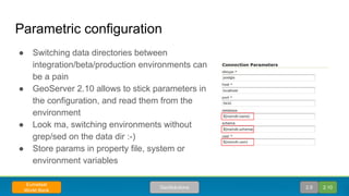 Parametric configuration
● Switching data directories between
integration/beta/production environments can
be a pain
● GeoServer 2.10 allows to stick parameters in
the configuration, and read them from the
environment
● Look ma, switching environments without
grep/sed on the data dir :-)
● Store params in property file, system or
environment variables
2.9 2.10GeoSolutions
Eumetsat
World Bank
 