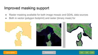 Improved masking support
● Raster masking available for both image mosaic and GDAL data sources
● Both in vector (polygon footprint) and raster (binary mask) for
2.8 2.9 2.10GeoSolutionsLiguria digitale
 