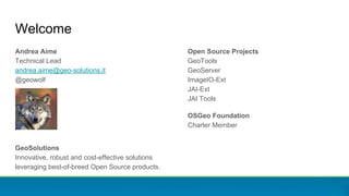 Andrea Aime
Technical Lead
andrea.aime@geo-solutions.it
@geowolf
GeoSolutions
Innovative, robust and cost-effective solutions
leveraging best-of-breed Open Source products.
Welcome
Open Source Projects
GeoTools
GeoServer
ImageIO-Ext
JAI-Ext
JAI Tools
OSGeo Foundation
Charter Member
 