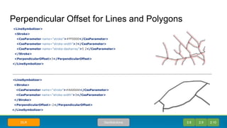 Perpendicular Offset for Lines and Polygons
<LineSymbolizer>
<Stroke>
<CssParameter name="stroke">#AAAAAA</CssParameter>
<CssParameter name="stroke-width">3</CssParameter>
</Stroke>
<PerpendicularOffset>-2</PerpendicularOffset>
</LineSymbolizer>
<LineSymbolizer>
<Stroke>
<CssParameter name="stroke">#FF0000</CssParameter>
<CssParameter name="stroke-width">3</CssParameter>
<CssParameter name="stroke-dasharray">5 2</CssParameter>
</Stroke>
<PerpendicularOffset>3</PerpendicularOffset>
</LineSymbolizer>
2.8 2.9 2.10GeoSolutionsDLR
 