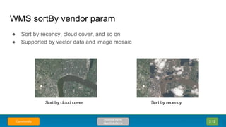 WMS sortBy vendor param
● Sort by recency, cloud cover, and so on
● Supported by vector data and image mosaic
2.12
Andrea ...