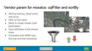 Vendor param for mosaics: cqlFilter and sortBy
● Sort by recency, cloud cover,
and so on
● Filter on the same
● Maps to im...