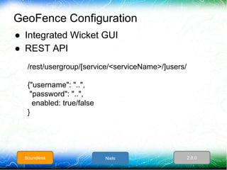 GeoFence Configuration
● Integrated Wicket GUI
● REST API
/rest/usergroup/[service/<serviceName>/]users/
{"username": ".."...